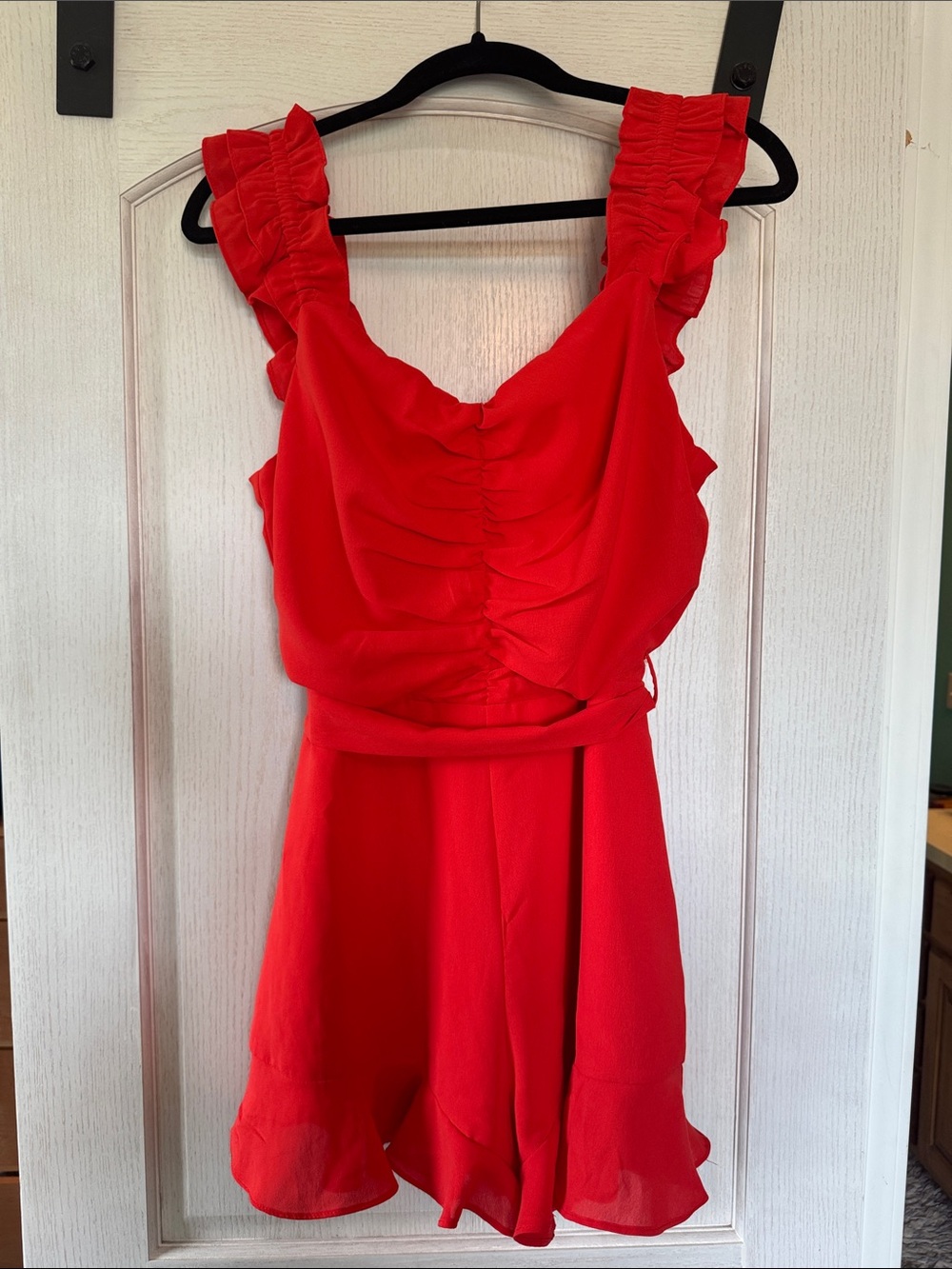 She + Sky Red Ruffled Romper with Cinched Bodice